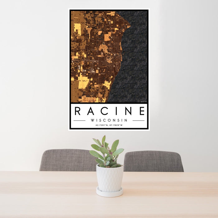 24x36 Racine Wisconsin Map Print Portrait Orientation in Ember Style Behind 2 Chairs Table and Potted Plant