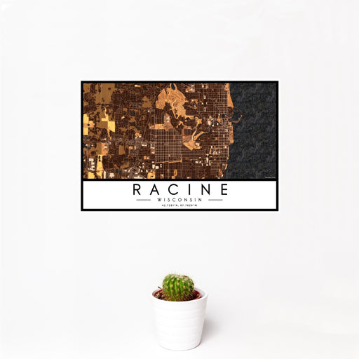 12x18 Racine Wisconsin Map Print Landscape Orientation in Ember Style With Small Cactus Plant in White Planter