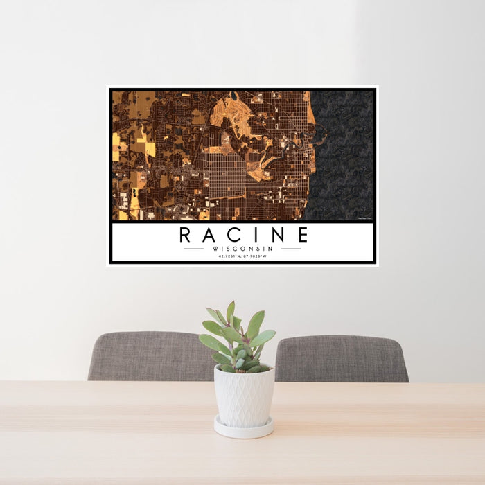 24x36 Racine Wisconsin Map Print Landscape Orientation in Ember Style Behind 2 Chairs Table and Potted Plant
