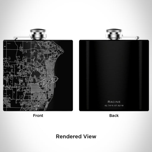 Rendered View of Racine Wisconsin Map Engraving on 6oz Stainless Steel Flask in Black