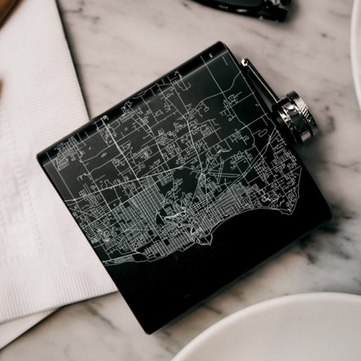 Racine Wisconsin Custom Engraved City Map Inscription Coordinates on 6oz Stainless Steel Flask in Black