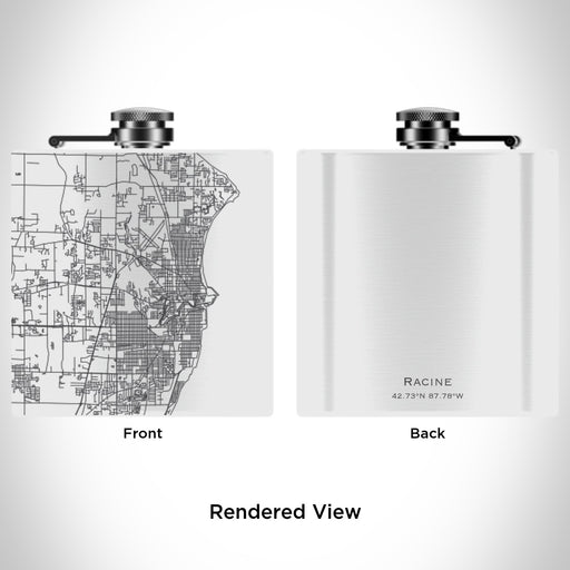 Rendered View of Racine Wisconsin Map Engraving on 6oz Stainless Steel Flask in White