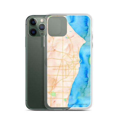 Custom Racine Wisconsin Map Phone Case in Watercolor on Table with Laptop and Plant