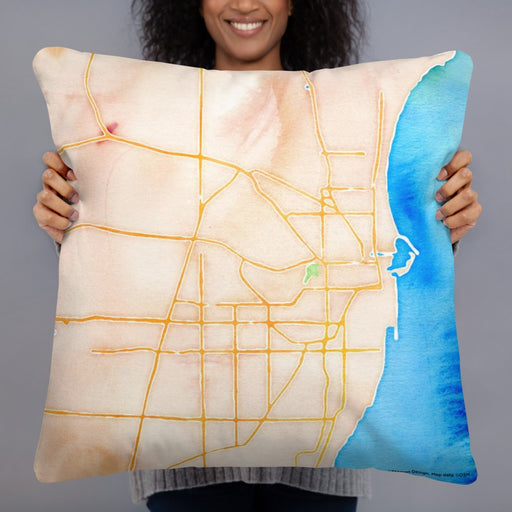 Person holding 22x22 Custom Racine Wisconsin Map Throw Pillow in Watercolor