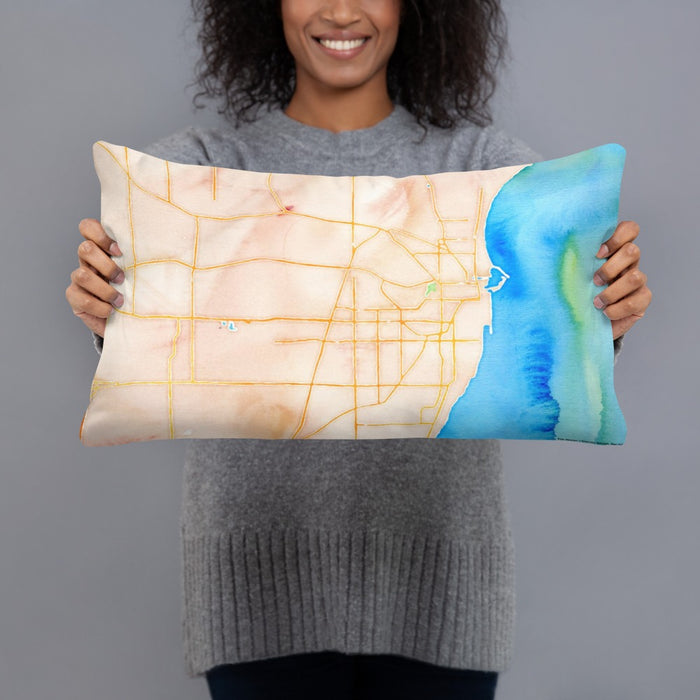 Person holding 20x12 Custom Racine Wisconsin Map Throw Pillow in Watercolor