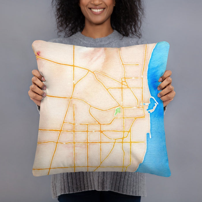 Person holding 18x18 Custom Racine Wisconsin Map Throw Pillow in Watercolor
