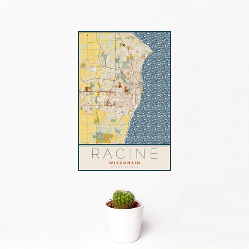 12x18 Racine Wisconsin Map Print Portrait Orientation in Woodblock Style With Small Cactus Plant in White Planter
