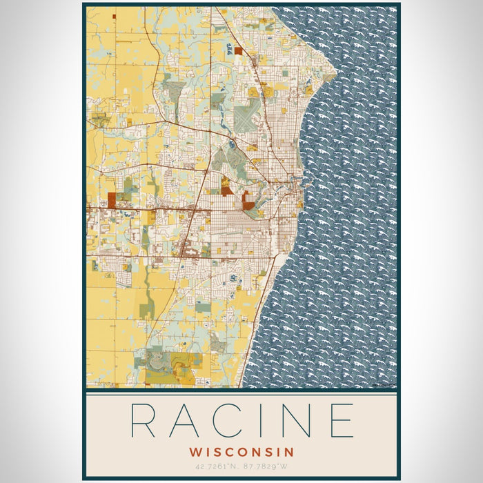 Racine Wisconsin Map Print Portrait Orientation in Woodblock Style With Shaded Background