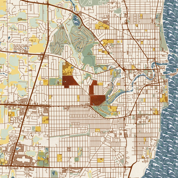 Racine Wisconsin Map Print in Woodblock Style Zoomed In Close Up Showing Details