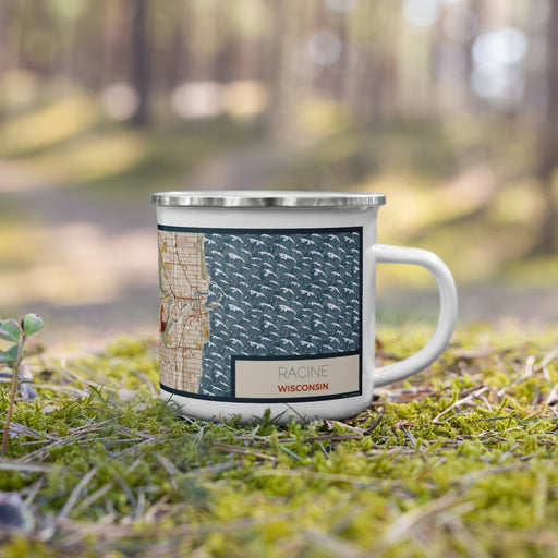 Right View Custom Racine Wisconsin Map Enamel Mug in Woodblock on Grass With Trees in Background
