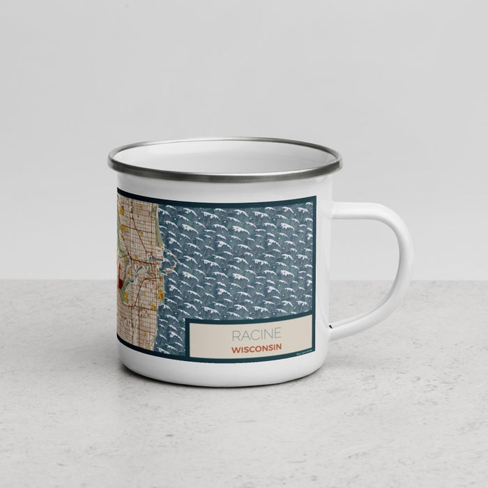 Right View Custom Racine Wisconsin Map Enamel Mug in Woodblock