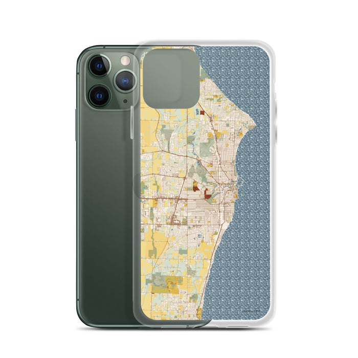 Custom Racine Wisconsin Map Phone Case in Woodblock on Table with Laptop and Plant