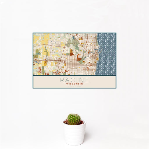 12x18 Racine Wisconsin Map Print Landscape Orientation in Woodblock Style With Small Cactus Plant in White Planter