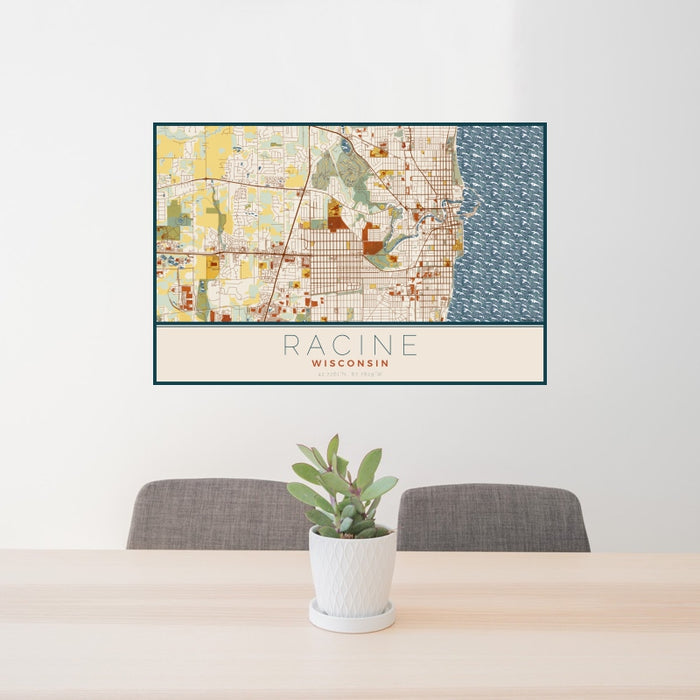 24x36 Racine Wisconsin Map Print Landscape Orientation in Woodblock Style Behind 2 Chairs Table and Potted Plant