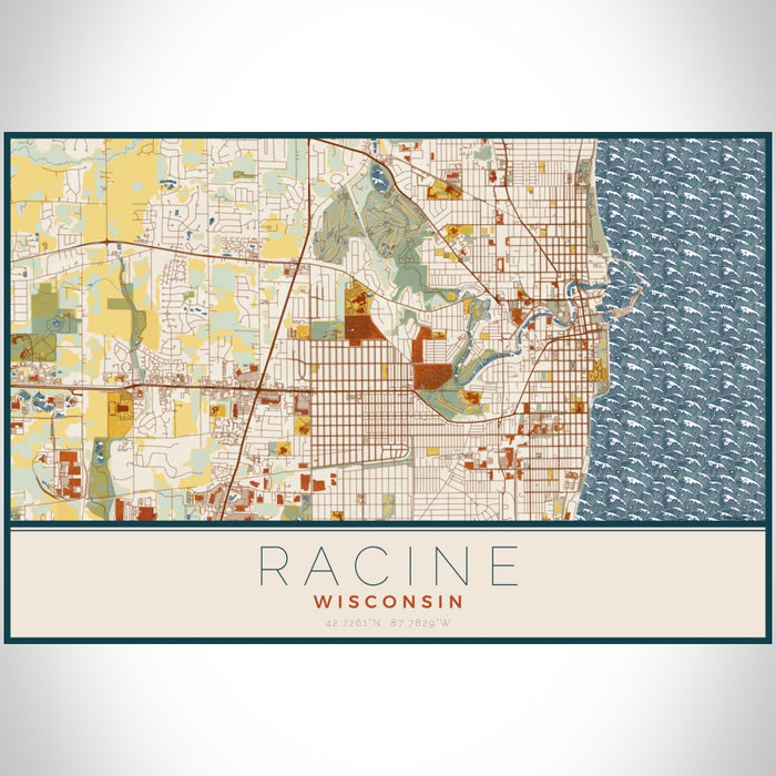 Racine Wisconsin Map Print Landscape Orientation in Woodblock Style With Shaded Background