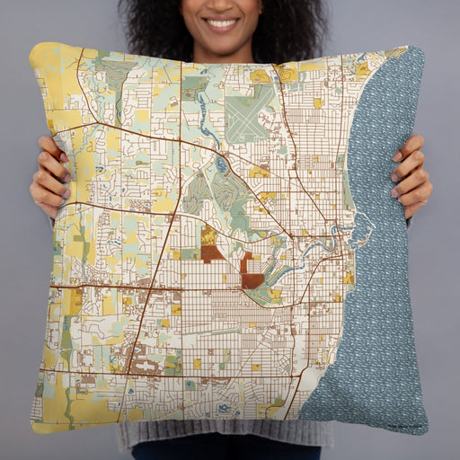 Person holding 22x22 Custom Racine Wisconsin Map Throw Pillow in Woodblock