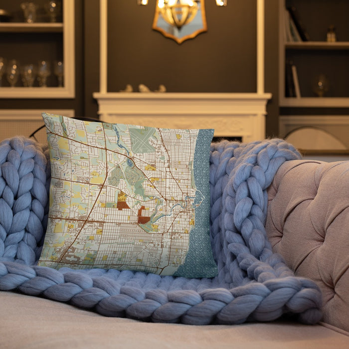Custom Racine Wisconsin Map Throw Pillow in Woodblock on Cream Colored Couch
