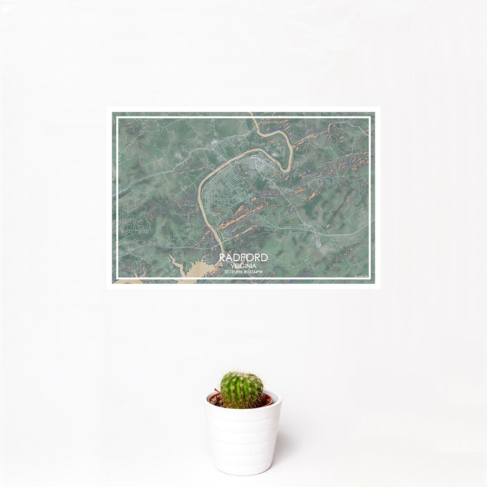 12x18 Radford Virginia Map Print Landscape Orientation in Afternoon Style With Small Cactus Plant in White Planter