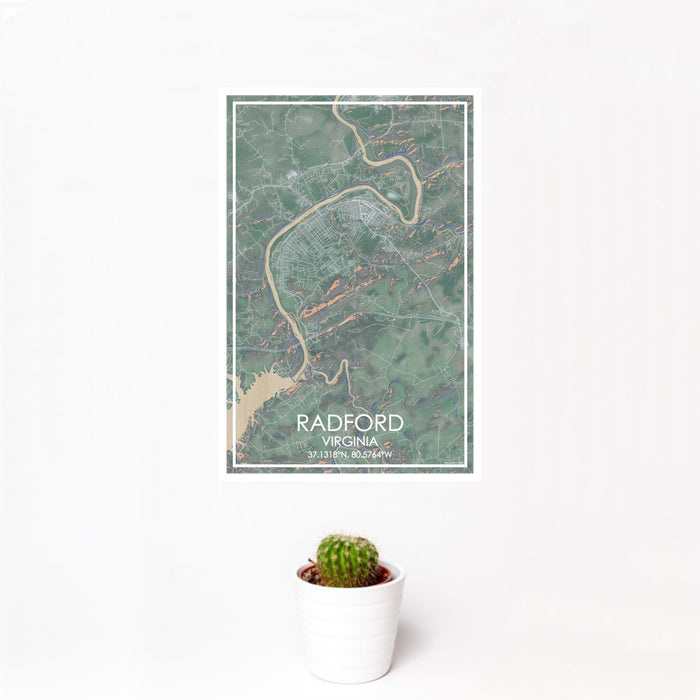 12x18 Radford Virginia Map Print Portrait Orientation in Afternoon Style With Small Cactus Plant in White Planter