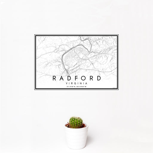12x18 Radford Virginia Map Print Landscape Orientation in Classic Style With Small Cactus Plant in White Planter