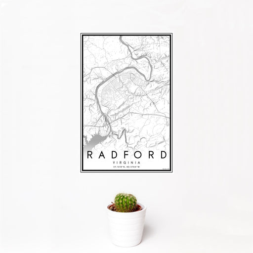 12x18 Radford Virginia Map Print Portrait Orientation in Classic Style With Small Cactus Plant in White Planter