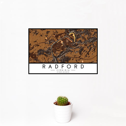 12x18 Radford Virginia Map Print Landscape Orientation in Ember Style With Small Cactus Plant in White Planter