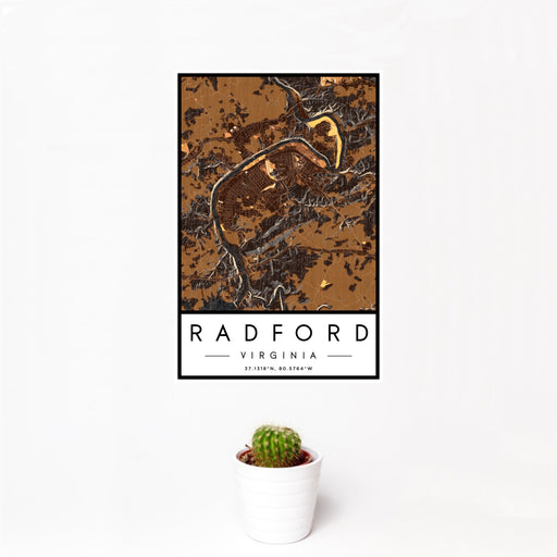 12x18 Radford Virginia Map Print Portrait Orientation in Ember Style With Small Cactus Plant in White Planter