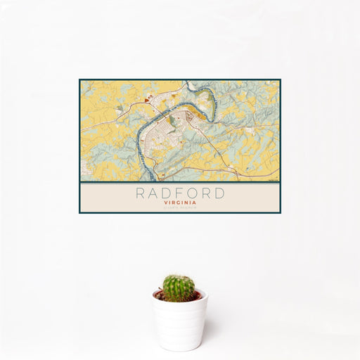 12x18 Radford Virginia Map Print Landscape Orientation in Woodblock Style With Small Cactus Plant in White Planter