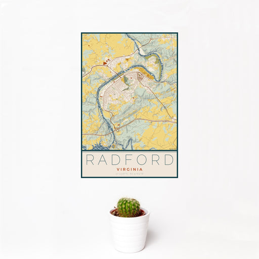 12x18 Radford Virginia Map Print Portrait Orientation in Woodblock Style With Small Cactus Plant in White Planter
