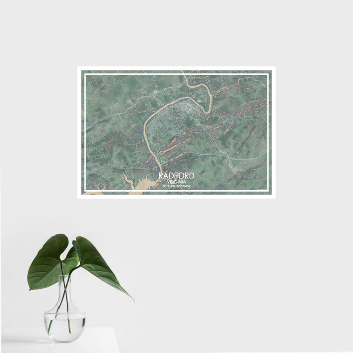 16x24 Radford Virginia Map Print Landscape Orientation in Afternoon Style With Tropical Plant Leaves in Water