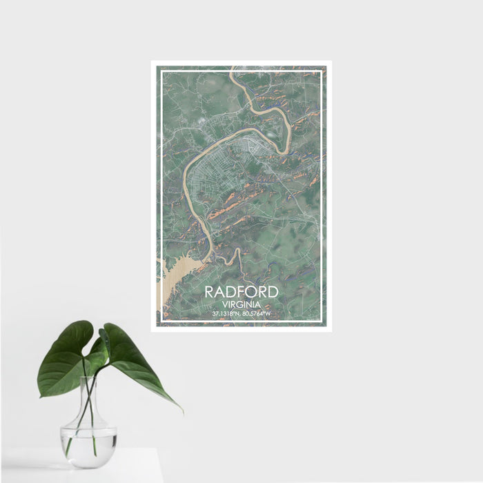 16x24 Radford Virginia Map Print Portrait Orientation in Afternoon Style With Tropical Plant Leaves in Water