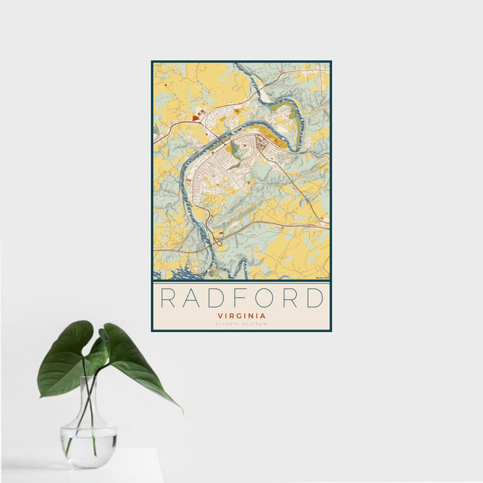 16x24 Radford Virginia Map Print Portrait Orientation in Woodblock Style With Tropical Plant Leaves in Water