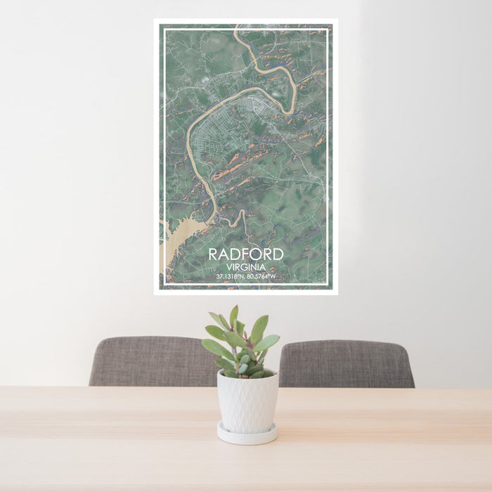 24x36 Radford Virginia Map Print Portrait Orientation in Afternoon Style Behind 2 Chairs Table and Potted Plant