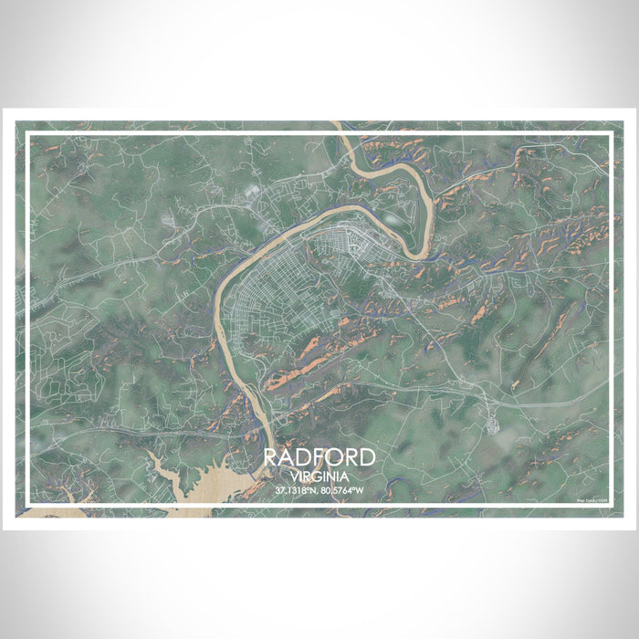 Radford Virginia Map Print Landscape Orientation in Afternoon Style With Shaded Background