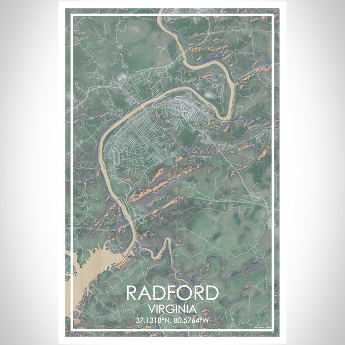 Radford Virginia Map Print Portrait Orientation in Afternoon Style With Shaded Background