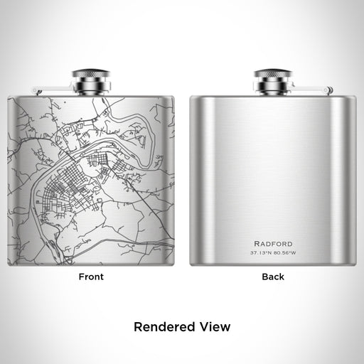 Rendered View of Radford Virginia Map Engraving on 6oz Stainless Steel Flask
