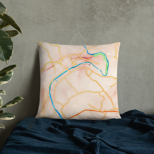 Custom Radford Virginia Map Throw Pillow in Watercolor on Bedding Against Wall