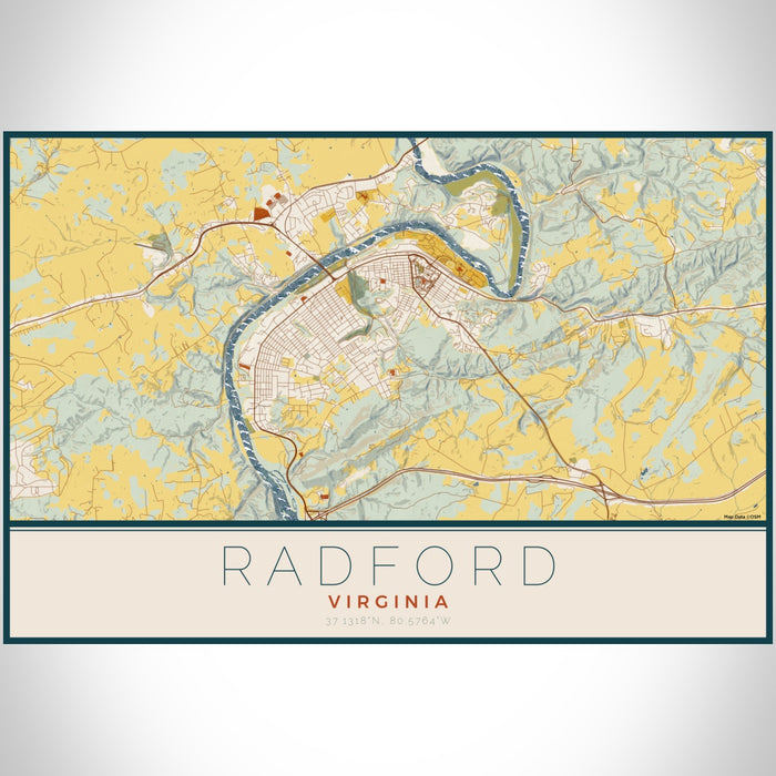 Radford Virginia Map Print Landscape Orientation in Woodblock Style With Shaded Background
