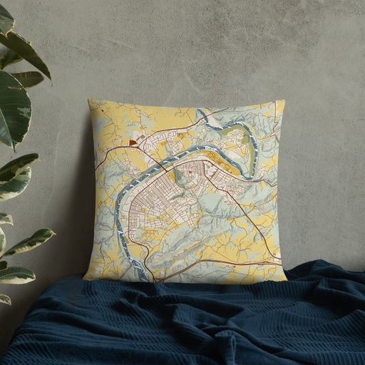 Custom Radford Virginia Map Throw Pillow in Woodblock on Bedding Against Wall