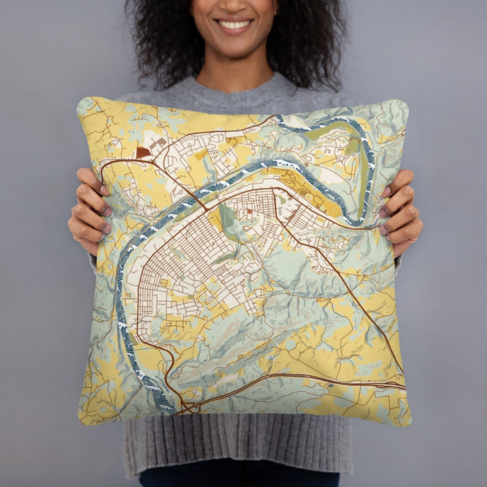 Person holding 18x18 Custom Radford Virginia Map Throw Pillow in Woodblock
