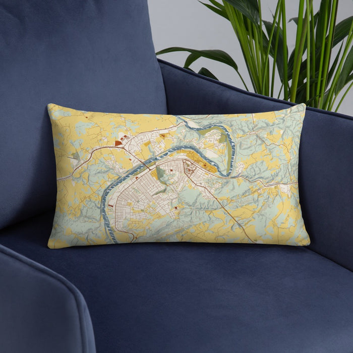 Custom Radford Virginia Map Throw Pillow in Woodblock on Blue Colored Chair