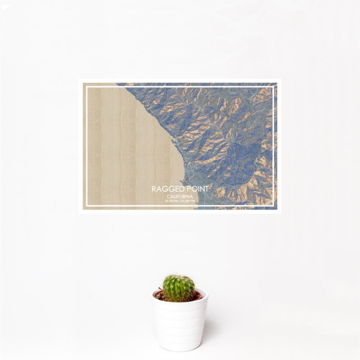 12x18 Ragged Point California Map Print Landscape Orientation in Afternoon Style With Small Cactus Plant in White Planter