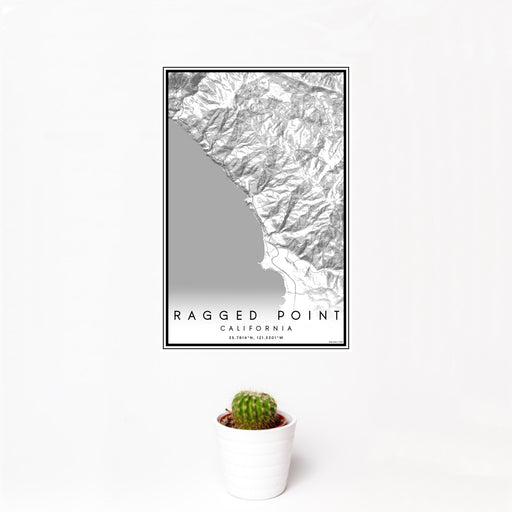 12x18 Ragged Point California Map Print Portrait Orientation in Classic Style With Small Cactus Plant in White Planter