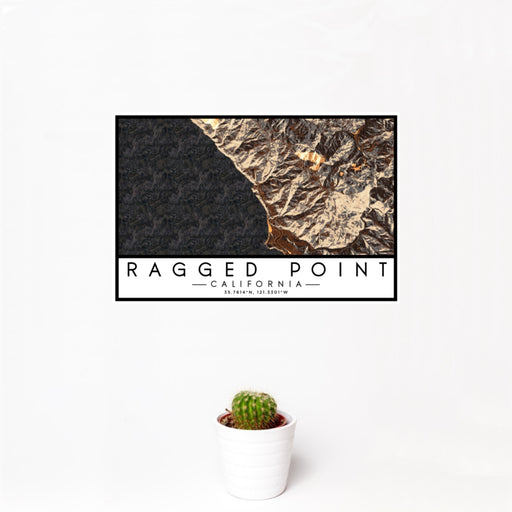 12x18 Ragged Point California Map Print Landscape Orientation in Ember Style With Small Cactus Plant in White Planter
