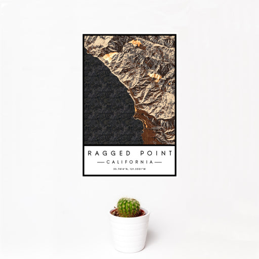 12x18 Ragged Point California Map Print Portrait Orientation in Ember Style With Small Cactus Plant in White Planter
