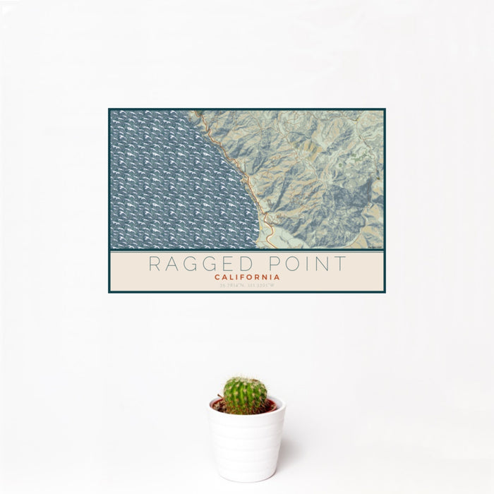 12x18 Ragged Point California Map Print Landscape Orientation in Woodblock Style With Small Cactus Plant in White Planter