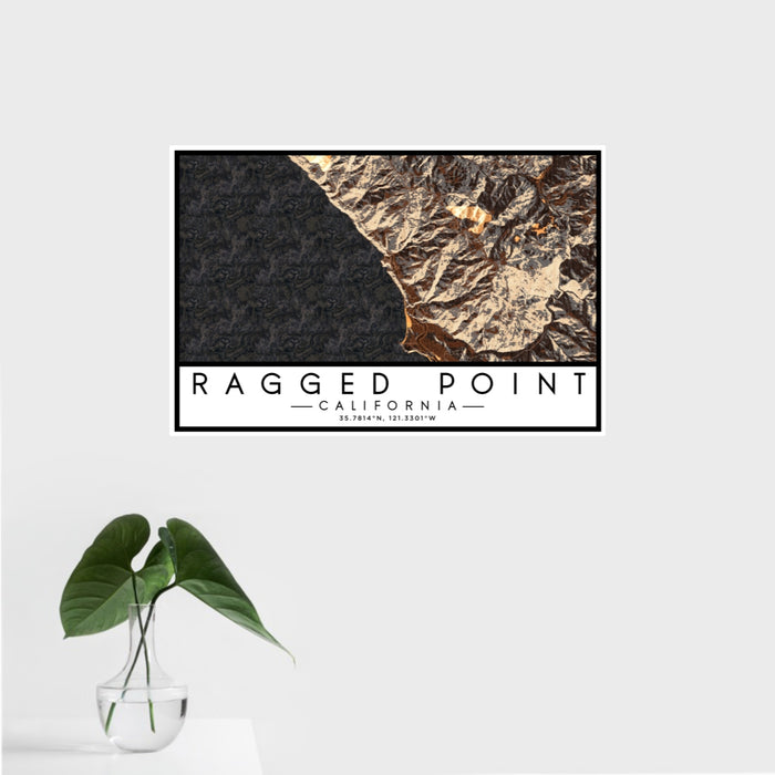 16x24 Ragged Point California Map Print Landscape Orientation in Ember Style With Tropical Plant Leaves in Water