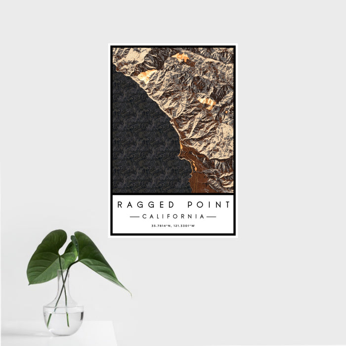 16x24 Ragged Point California Map Print Portrait Orientation in Ember Style With Tropical Plant Leaves in Water