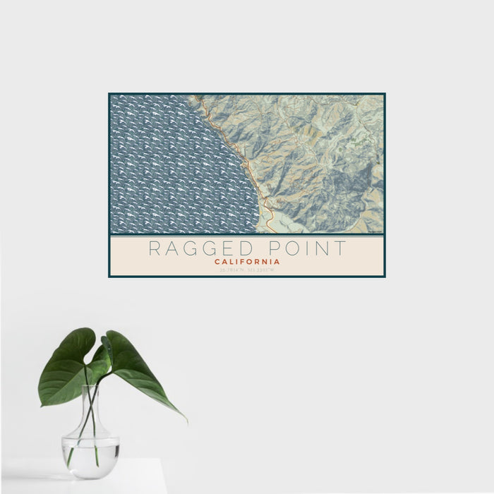 16x24 Ragged Point California Map Print Landscape Orientation in Woodblock Style With Tropical Plant Leaves in Water