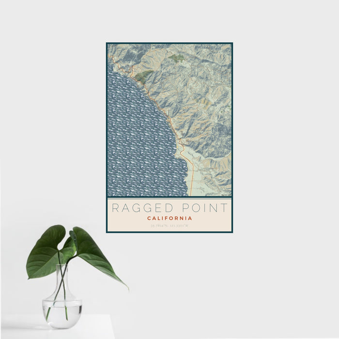 16x24 Ragged Point California Map Print Portrait Orientation in Woodblock Style With Tropical Plant Leaves in Water